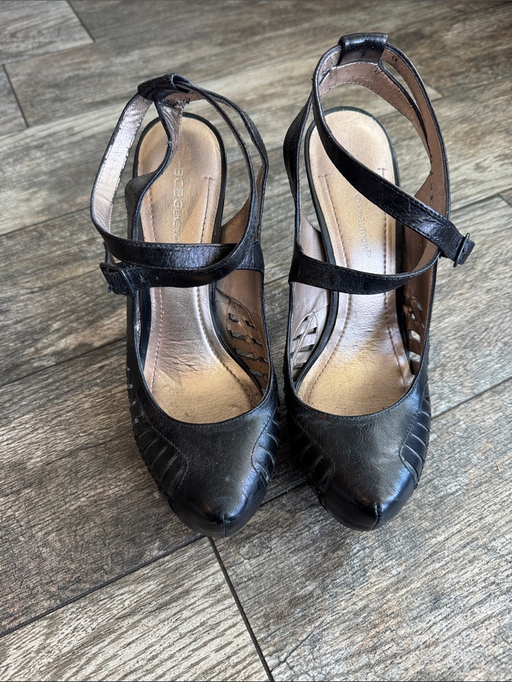 BCBGeneration Black Leather Strappy Pointed-Toe Heels